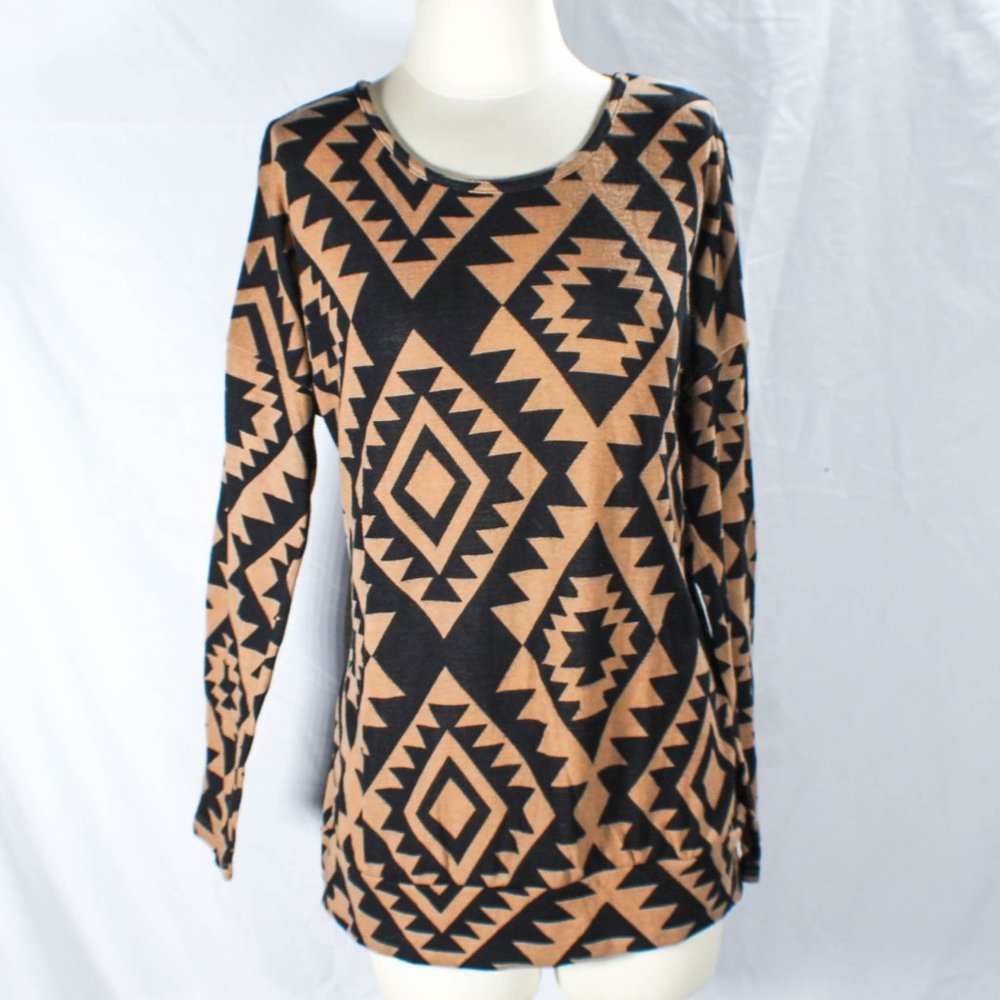 Tan & Black Long Sleeve Dolman Blouse Top Size XL JRS